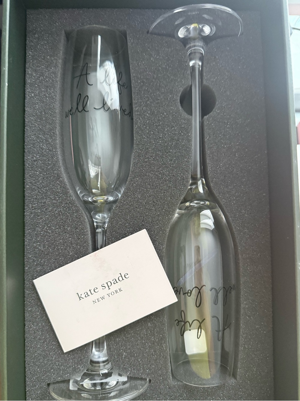 kate spade Champagne Flutes with Script “A life well lived” “A life well loved”